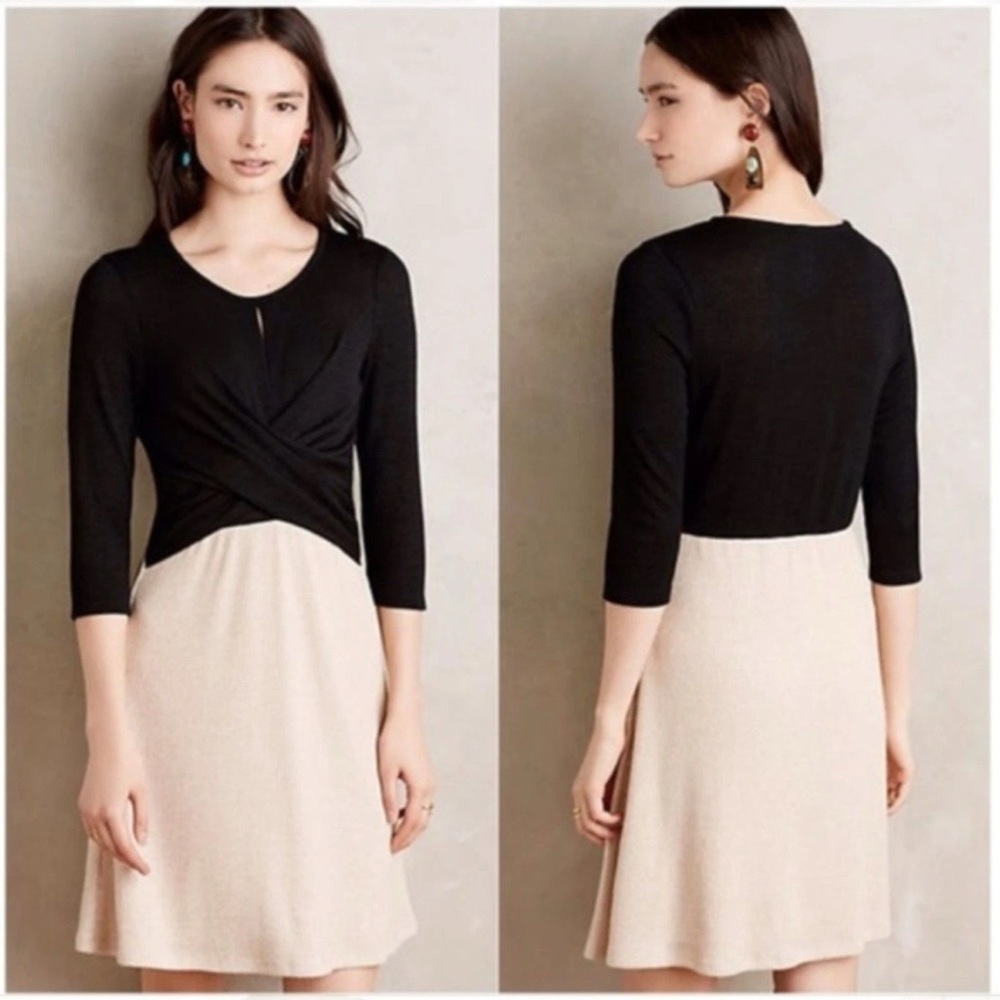 NWT Anthropologie Amadi Knit Faux Wrap Midi Black & Gold Metallic Dress Small